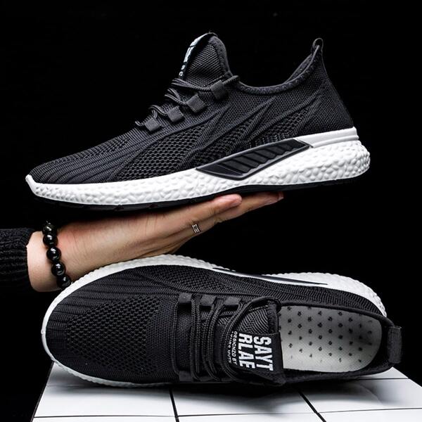 

Men Letter Patch Lace-up Decor Sneakers, Black