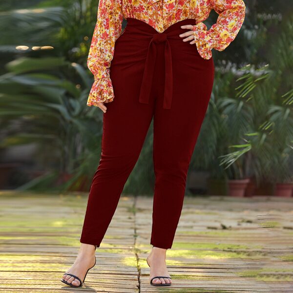 

Plus Solid Knot Front Skinny Pants, Burgundy