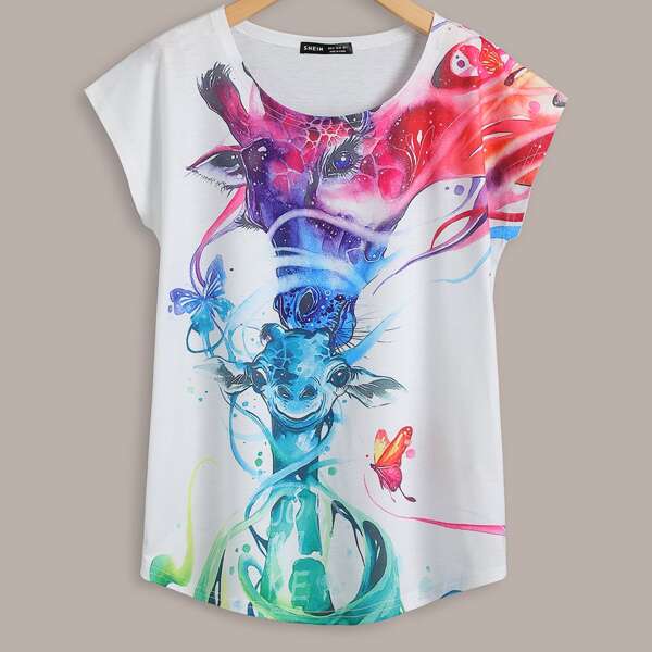 

Dolman Sleeve Deer Print Tee, White
