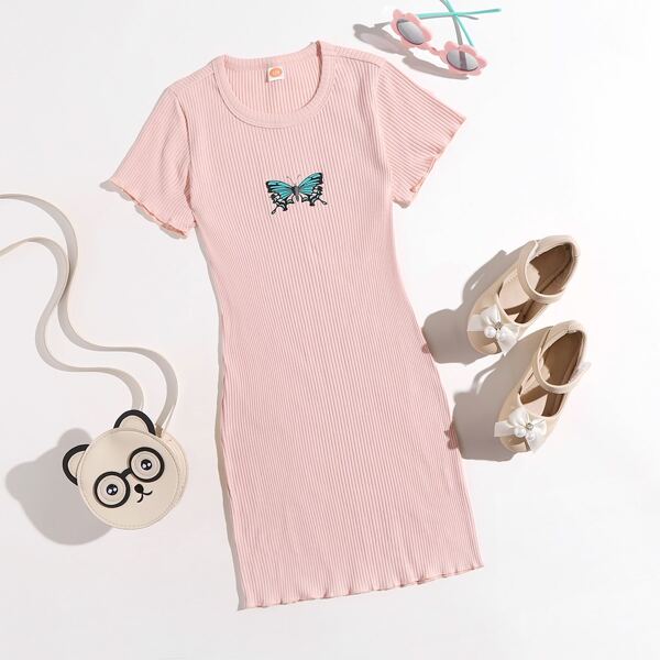 

Girls Butterfly Print Rib-knit Tee Dress, Baby pink