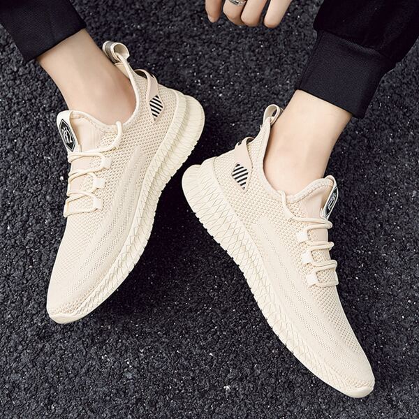 

Men Chinese Letter Patch Lace-up Decor Sneakers, Beige