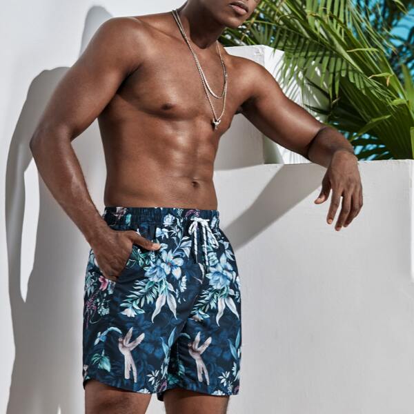 

Men Floral And Bird Print Drawstring Waist Swim Trunks, Multicolor