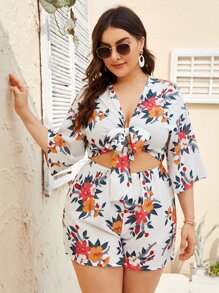 Plus Floral Cut Out Tie Front Romper - White - View 1
