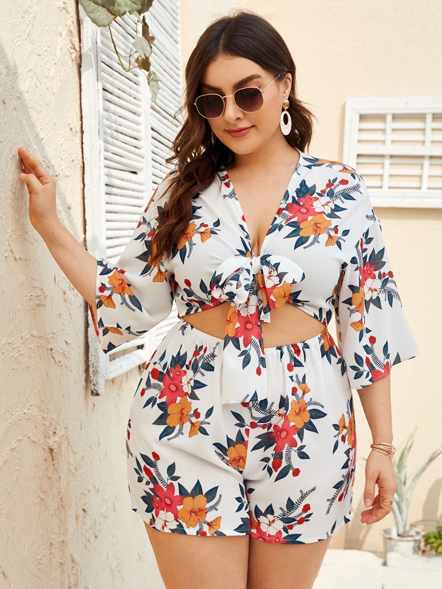 Plus Floral Cut Out Tie Front Romper - White - View 1