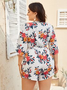 Plus Floral Cut Out Tie Front Romper - White - View 2