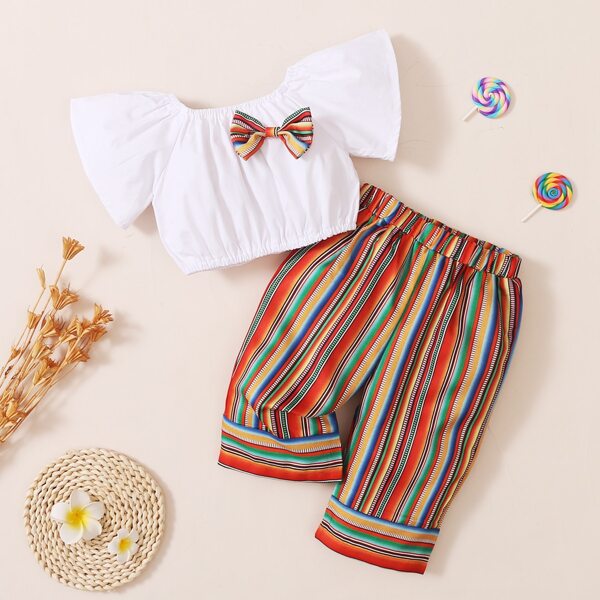 

Baby Girl Bow Front Top With Striped Pants, White