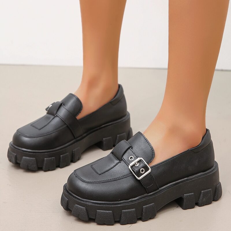 

Buckle Slip On Chunky Heeled Loafers, Black