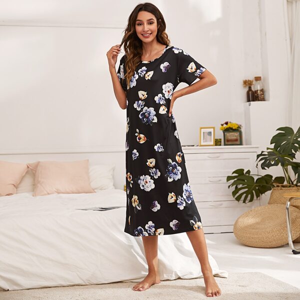 

Floral Print Round Neck Sleep Dress, Multicolor