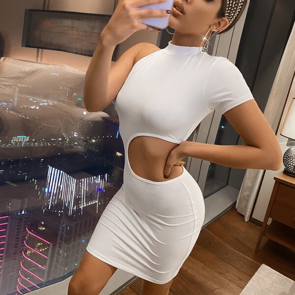 

Asymmetric Neck Cut Out Bodycon Dress, White