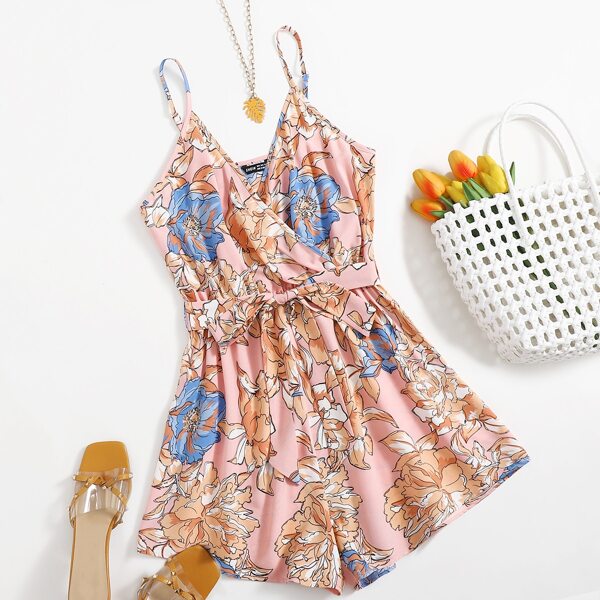 

Floral Surplice Front Belted Cami Romper, Multicolor
