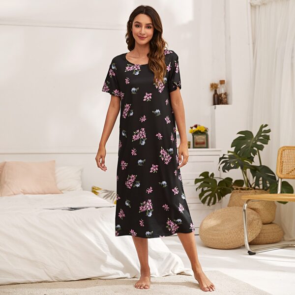 

Floral Print Night Dress, Black