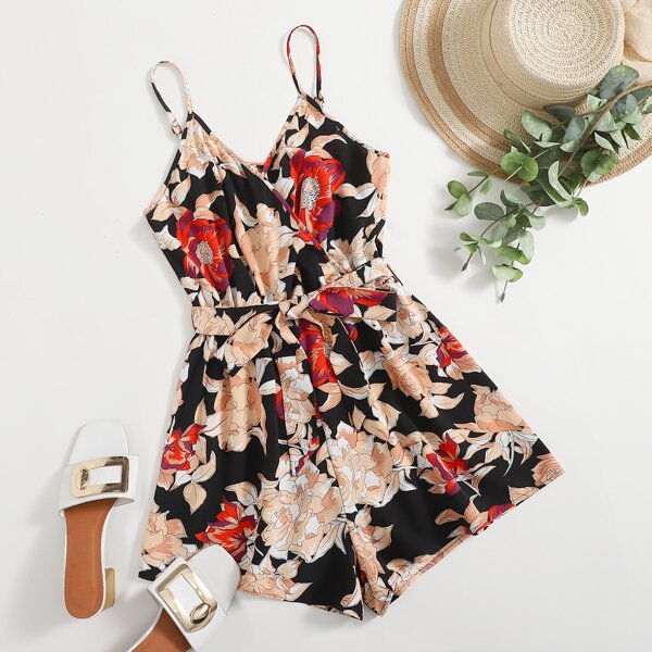 

Floral Surplice Front Belted Cami Romper, Multicolor