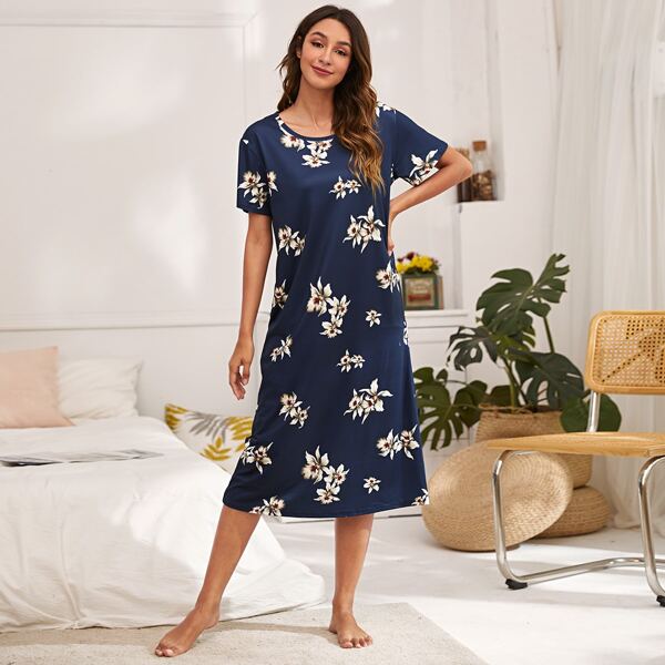 

Floral Print Night Dress, Navy blue