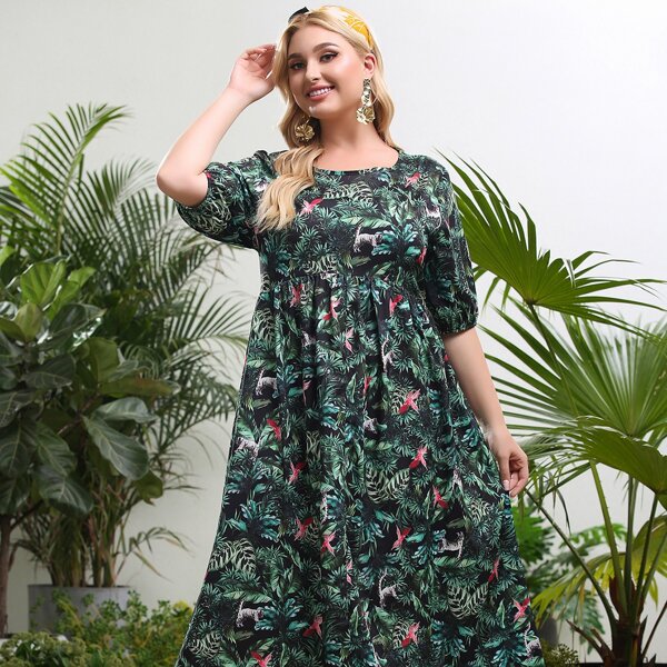 

Plus Allover Tropical Print Maxi Dress, Multicolor