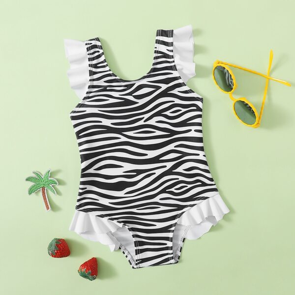 

Baby Girl Zebra Stripe Ruffle One Piece Swimsuit, Black and white