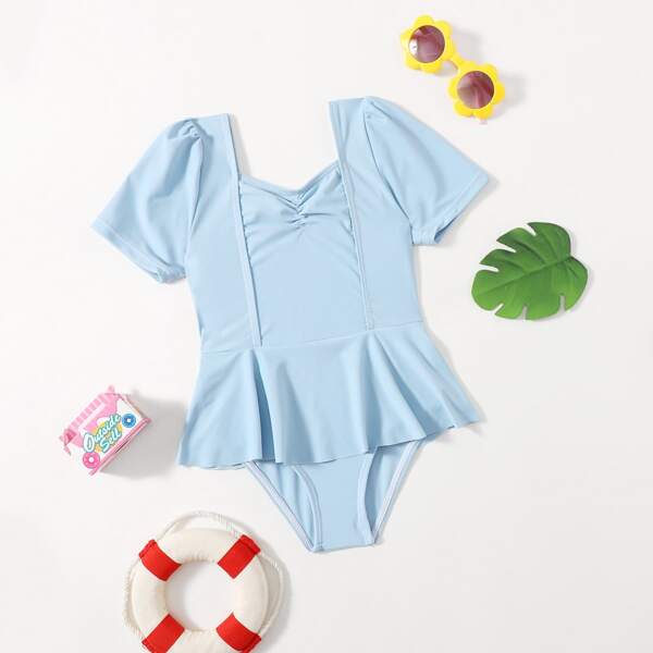 

Toddler Girls Ruched Peplum One Piece Swimsuit, Dusty blue