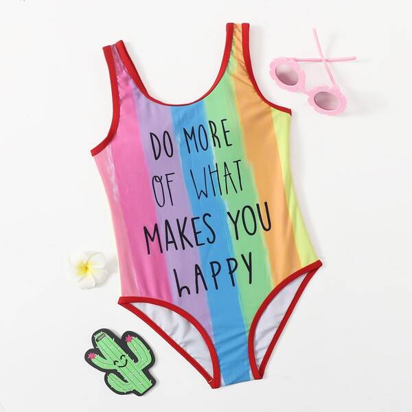 

Girls Colorblock Slogan Graphic One Piece Swimsuit, Multicolor