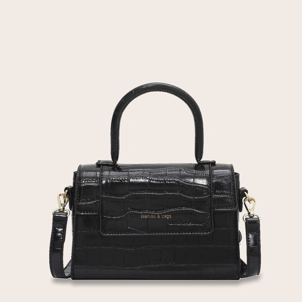 

Croc Embossed Top Handle Satchel Bag, Black