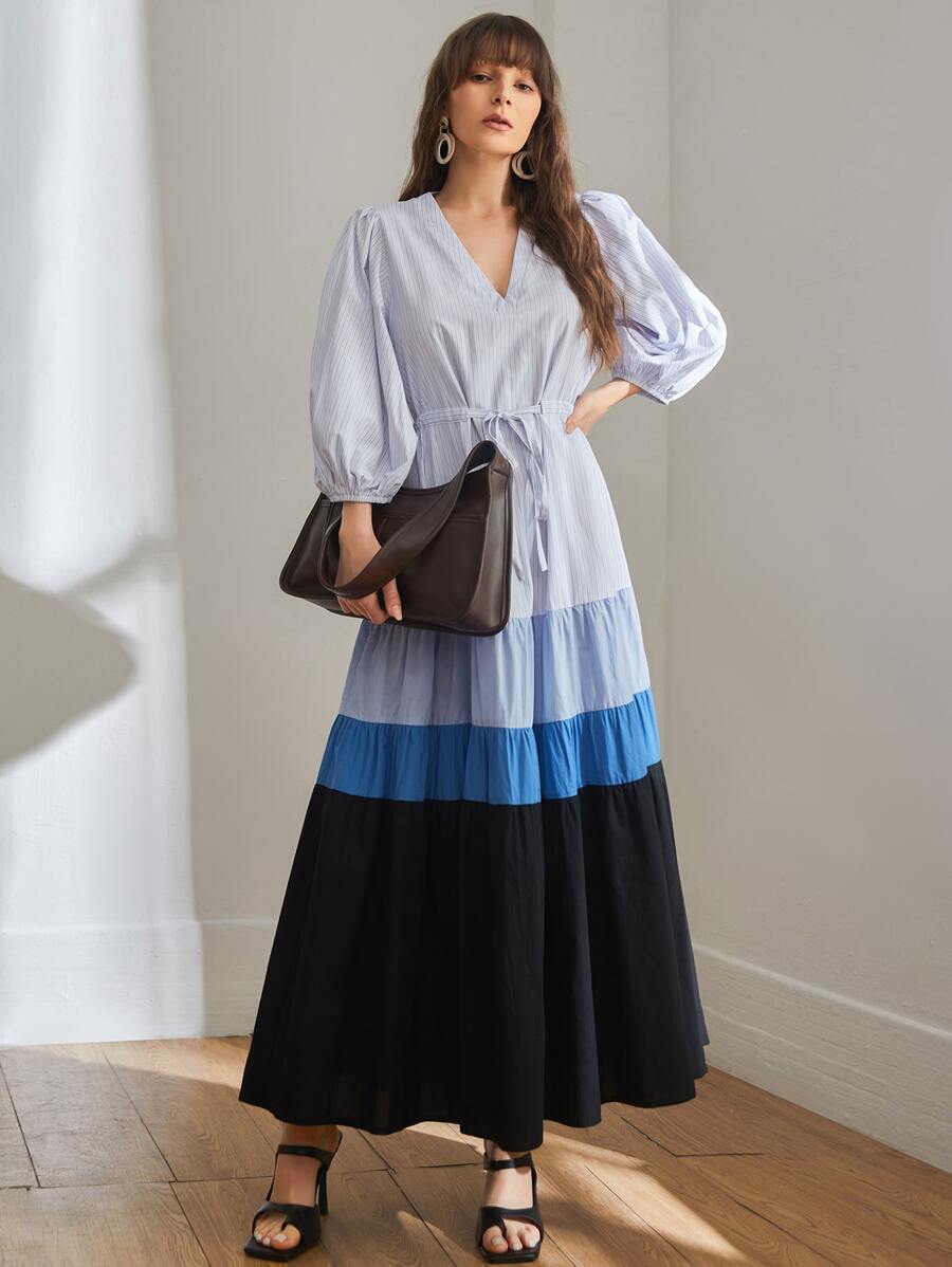 Mulvari Vestido con cordón de manga farol de color combinado - Multicolor - Ver 1