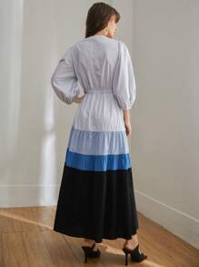 Mulvari Vestido con cordón de manga farol de color combinado - Multicolor - Ver 2