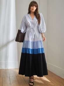 Mulvari Vestido con cordón de manga farol de color combinado - Multicolor - Ver 3