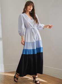 Mulvari Vestido con cordón de manga farol de color combinado - Multicolor - Ver 4