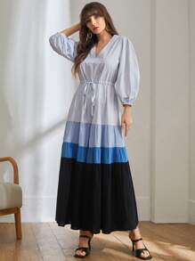 Mulvari Vestido con cordón de manga farol de color combinado - Multicolor - Ver 5