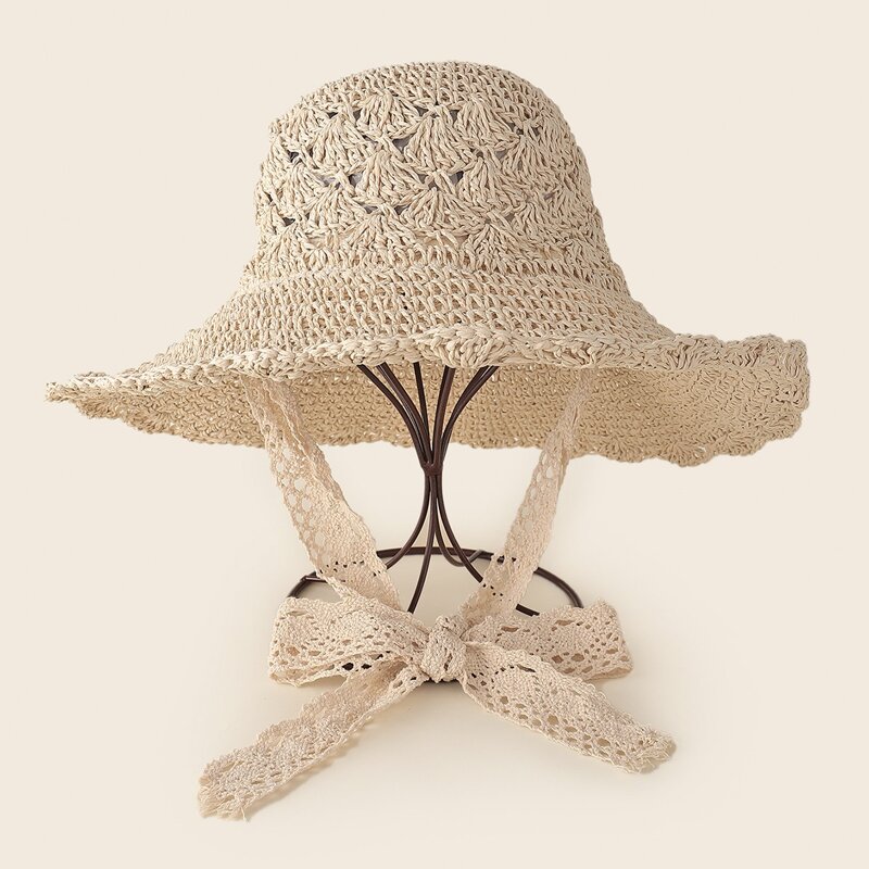 

Lace-up Straw Hat, Beige