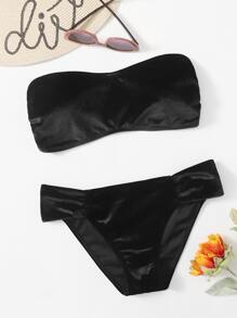 Bandeau Tanga Bikini Set For Summer Beach Vocation - Black - View 3