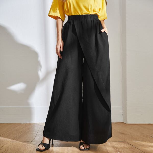 

Solid Overlay Wide Leg Pants, Black