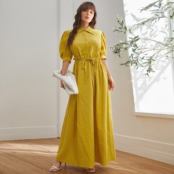 

Solid Puff Sleeve Blouse & Paperbag Waist Drawstring Skirt Set, Mustard yellow