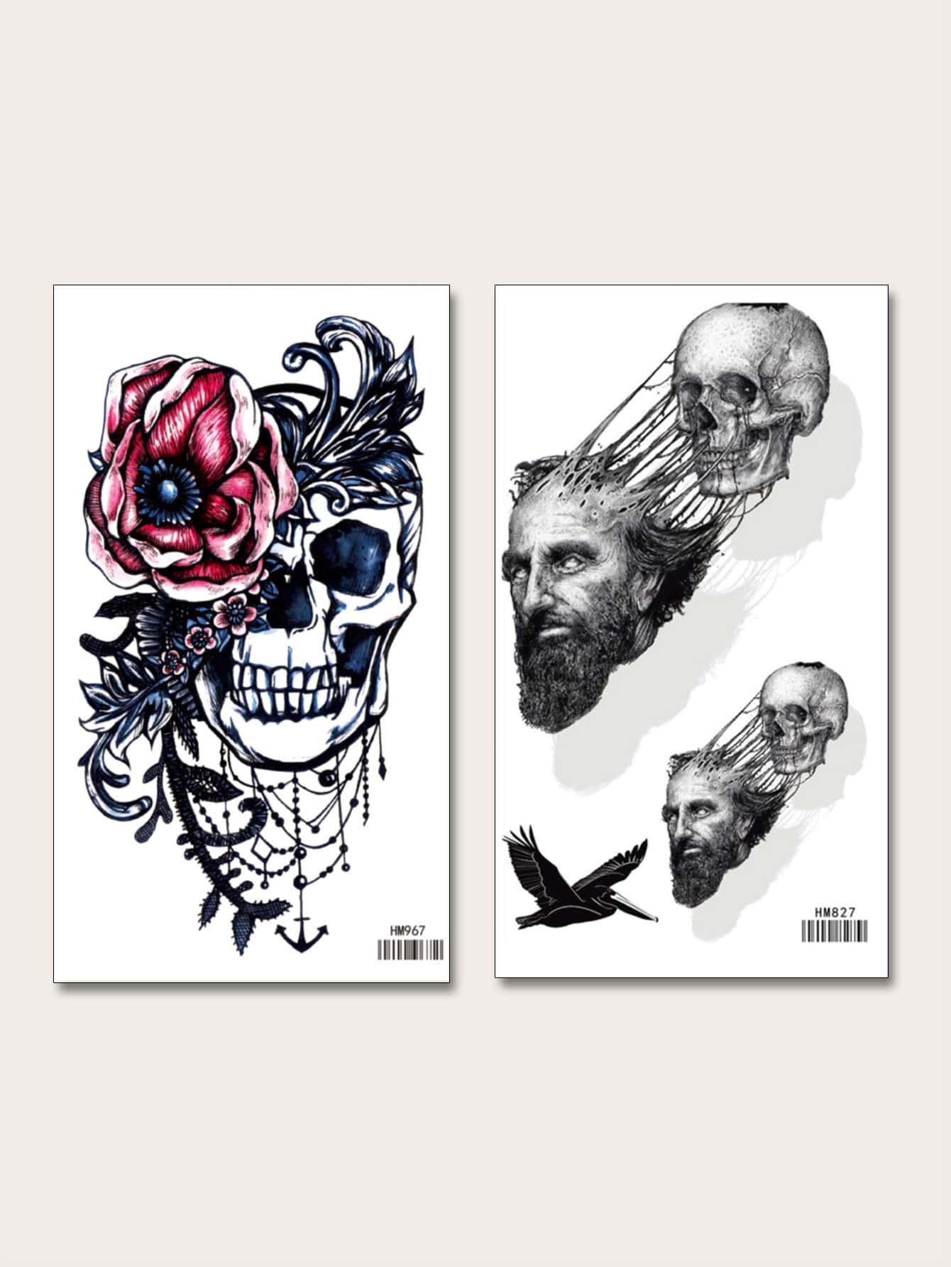 2 hojas pegatina tatuaje con patrón de cráneo y flor - Negro - Ver 1
