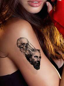 2 hojas pegatina tatuaje con patrón de cráneo y flor - Negro - Ver 3