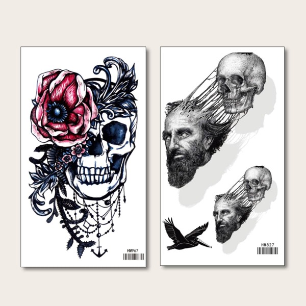 

2sheets Skull & Flower Pattern Tattoo Sticker, Black