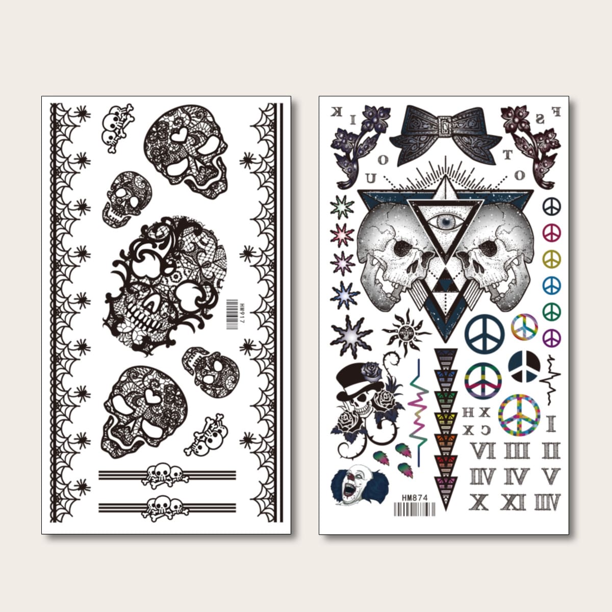 

2sheets Skull Pattern Tattoo Sticker, Black