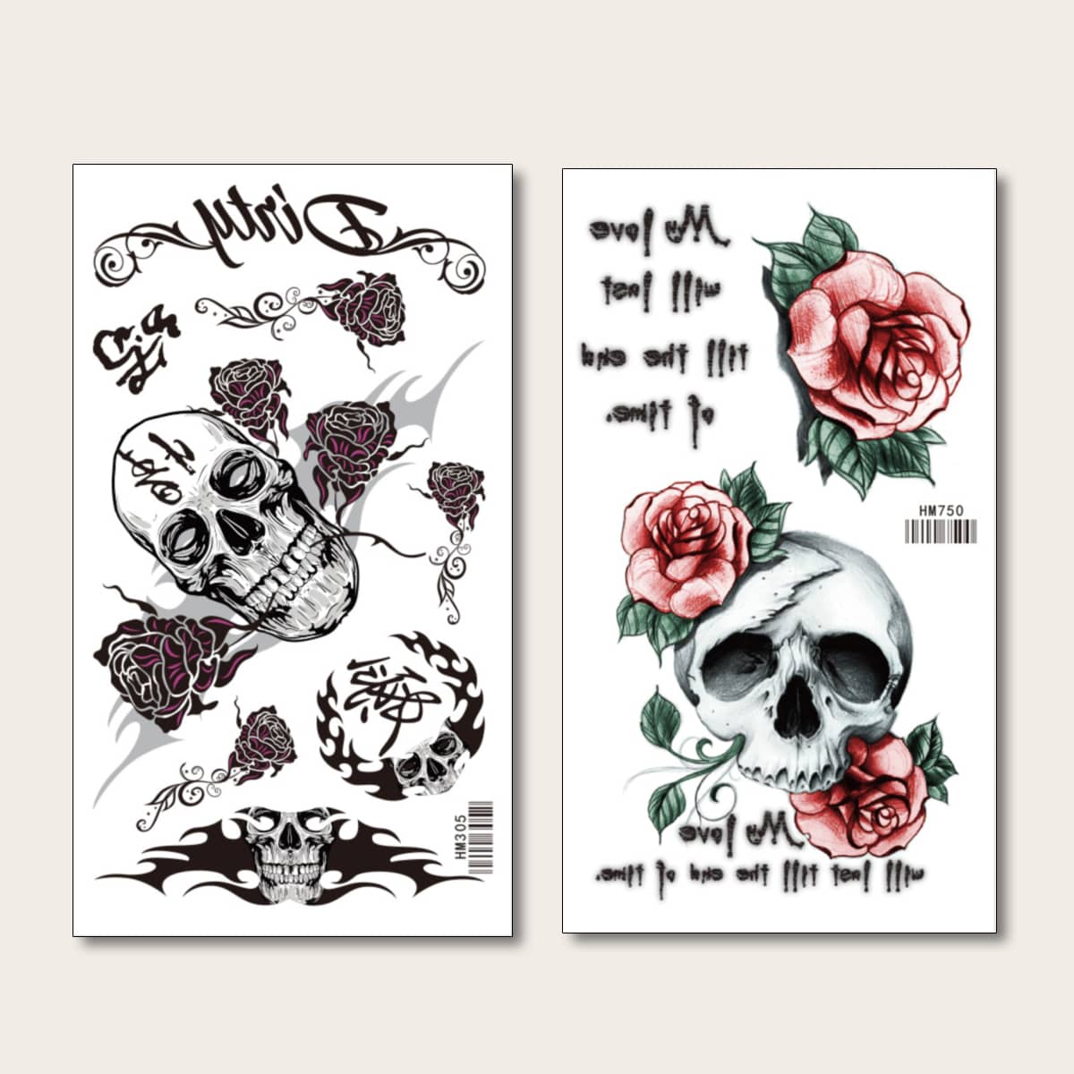 

2sheets Skull & Flower Pattern Tattoo Sticker, Black