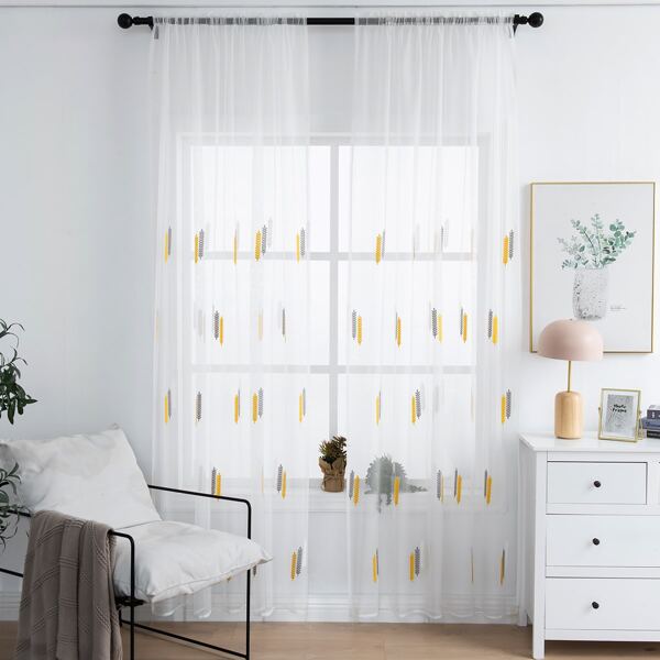 

Wheat Ear Embroidery Single Panel Sheer Curtain, White