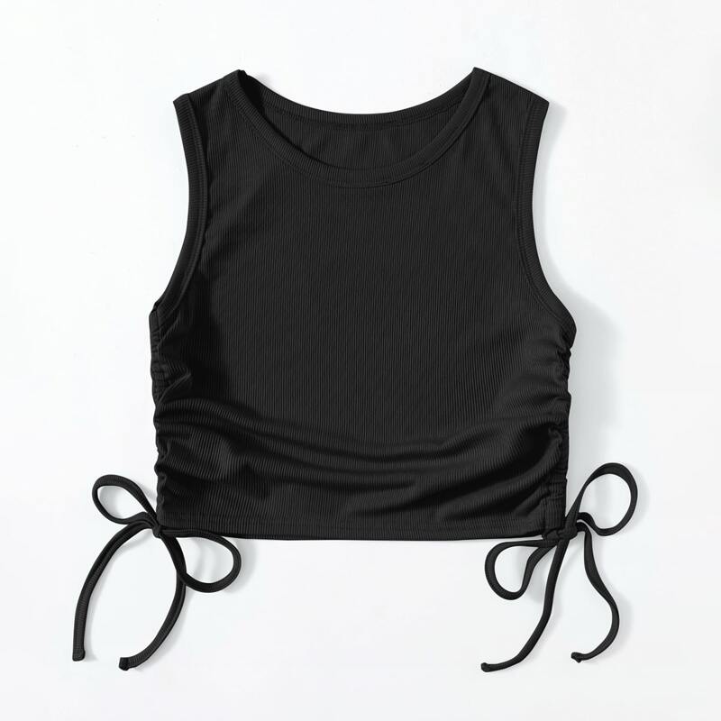 

Solid Drawstring Side Tank Top, Black
