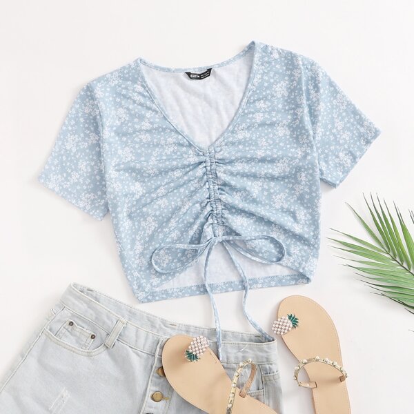 

Ditsy Floral Print Drawstring Front Crop Tee, Baby blue
