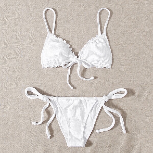 

Textured Lettuce Trim Thong Bikini Swimsuit, White