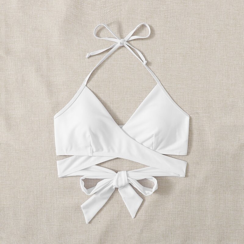 

Crisscross Wrap Halter Bikini Top, White