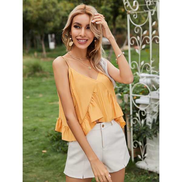 

Solid Ruffle Hem Cami Top, Yellow