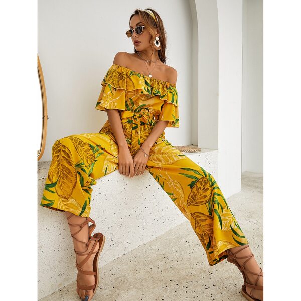 

Plants Print Ruffle Bardot Jumpsuit, Yellow