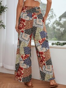 SHEIN VCAY Ditsy Floral Patchwork Wide Leg Trousers - Multicolor - View 2