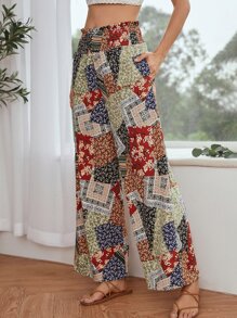 SHEIN VCAY Ditsy Floral Patchwork Wide Leg Trousers - Multicolor - View 4
