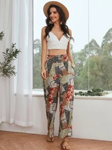 SHEIN VCAY Ditsy Floral Patchwork Wide Leg Trousers - Multicolor - View 5