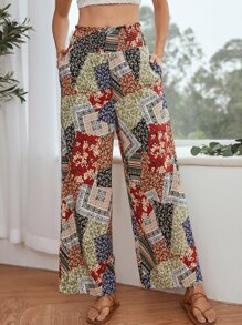 SHEIN VCAY Ditsy Floral Patchwork Wide Leg Trousers - Multicolor - View 6