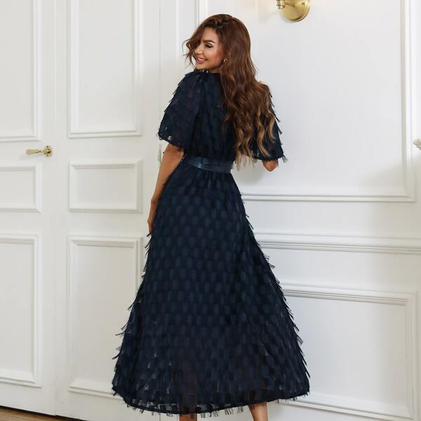 

Fuzzy Self Belted A-line Dress, Navy blue