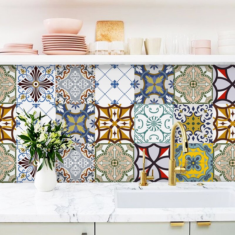 

10pcs Graphic Print Tile Sticker, Multicolor