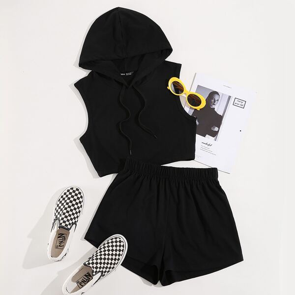 

Plus Drawstring Hooded Top With Shorts, Black